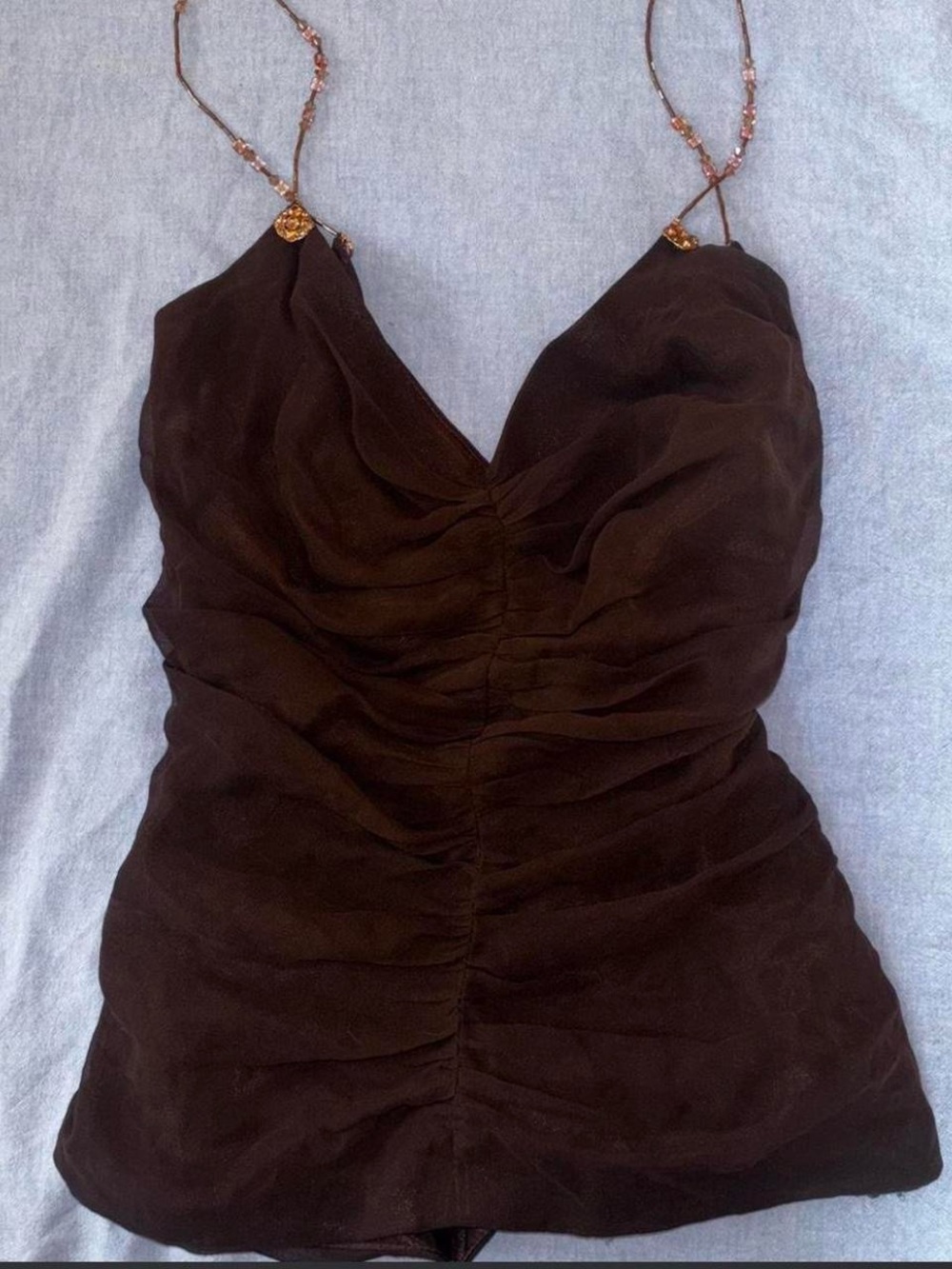 Vintage ABS Schwartz Silk Brown Ruched Strap Jewel Beaded Tank Top Cami